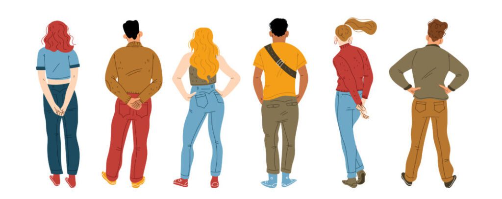 people from behind, male or female characters rear