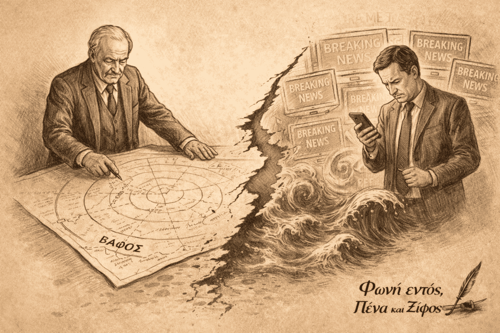Σκίτσο για την πολιτική και διπλωματία χωρίς βάθος, με αντίθεση ανάμεσα σε στρατηγικό χάρτη και οθόνες Breaking News.