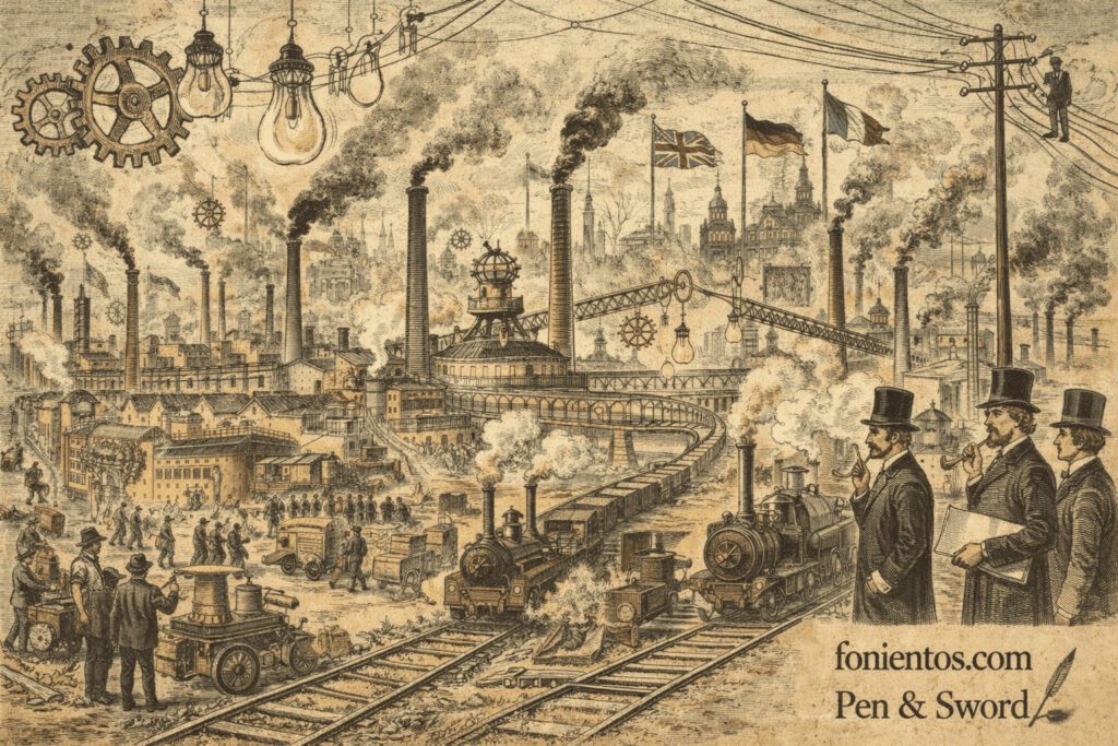 Σκίτσο που απεικονίζει τη βιομηχανική έκρηξη της Belle Époque με εργοστάσια, σιδηροδρόμους και ηλεκτρικό φωτισμό να μεταμορφώνουν τις μεγάλες πόλεις της Ευρώπης.