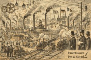 Σκίτσο που απεικονίζει τη βιομηχανική έκρηξη της Belle Époque με εργοστάσια, σιδηροδρόμους και ηλεκτρικό φωτισμό να μεταμορφώνουν τις μεγάλες πόλεις της Ευρώπης.