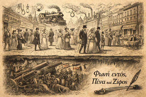 Σκίτσο που απεικονίζει την Belle Époque στην Ευρώπη με πολίτες να απολαμβάνουν την πρόοδο της εποχής, ενώ κάτω από την επιφάνεια διακρίνονται στρατοί και κανόνια που προμηνύουν τον Πρώτο Παγκόσμιο Πόλεμο.