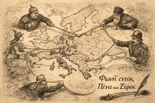 Σκίτσο χάρτη της Ευρώπης στην εποχή της Belle Époque όπου οι μεγάλες δυνάμεις ανταγωνίζονται για επιρροή, δημιουργώντας τις γεωπολιτικές εντάσεις που οδήγησαν στον Πρώτο Παγκόσμιο Πόλεμο.