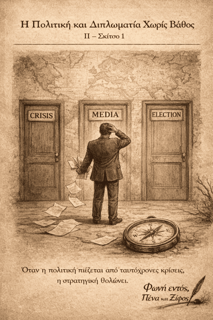 Σκίτσο που απεικονίζει την πολιτική και διπλωματία χωρίς βάθος, με πολιτικό μπροστά σε πόρτες κρίσης και ξεθωριασμένο στρατηγικό χάρτη.
