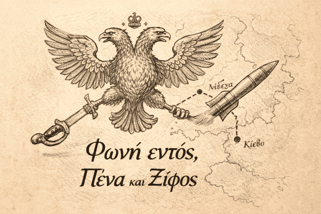 Ένας δικέφαλος αετός που κρατά στο ένα νύχι ένα παλιό τσαρικό σπαθί και στο άλλο έναν σύγχρονο πύραυλο, με φόντο έναν χάρτη που ενώνει το Κίεβο με τη Μόσχα.