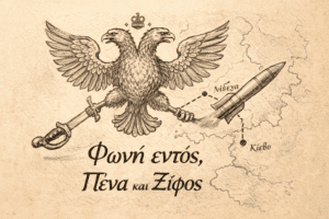 Ένας δικέφαλος αετός που κρατά στο ένα νύχι ένα παλιό τσαρικό σπαθί και στο άλλο έναν σύγχρονο πύραυλο, με φόντο έναν χάρτη που ενώνει το Κίεβο με τη Μόσχα.