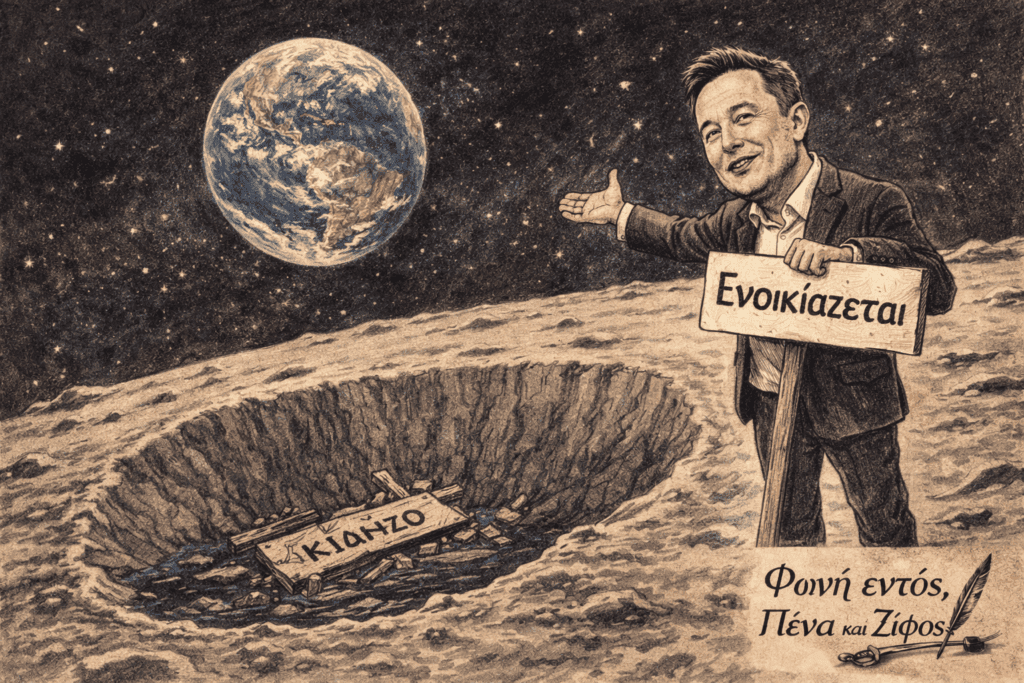 Ο Elon Musk κρατάει πινακίδα "Ενοικιάζεται" στην επιφάνεια της Σελήνης.