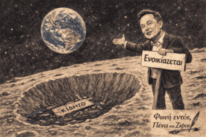 Ο Elon Musk κρατάει πινακίδα "Ενοικιάζεται" στην επιφάνεια της Σελήνης.