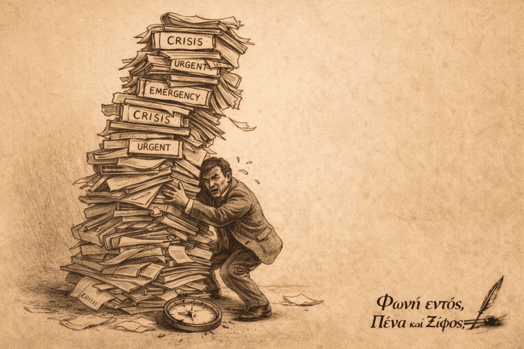 Σκίτσο που απεικονίζει την πολιτική και διπλωματία χωρίς βάθος, με σωρό φακέλων κρίσεων και σπασμένη πυξίδα στο έδαφος.