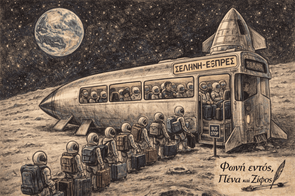 Το Starship της SpaceX έχει υποστεί μετατροπή σε λεωφορείο, με την επιγραφή "ΣΕΛΗΝΗ-ΕΞΠΡΕΣ" στην προμετωπίδα και επιβάτες να κρατούν βαλίτσες περιμένοντας στην ουρά.