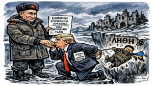 Η οπτικοποίηση της κεντρικής φράσης του άρθρου, δείχνοντας την υποταγή του Trump στον Putin με αντάλλαγμα την Αρκτική, και την παράλληλη εγκατάλειψη της Ουκρανίας.
