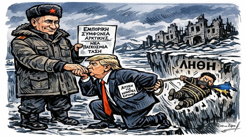 Η οπτικοποίηση της κεντρικής φράσης του άρθρου, δείχνοντας την υποταγή του Trump στον Putin με αντάλλαγμα την Αρκτική, και την παράλληλη εγκατάλειψη της Ουκρανίας.
