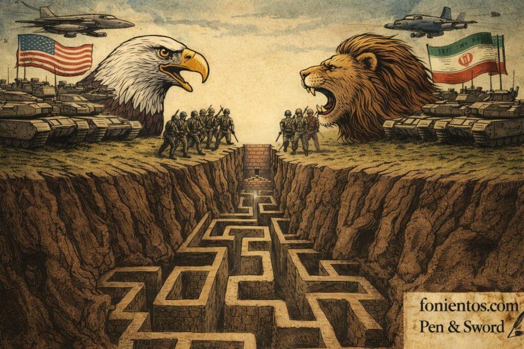 Σκιτσογραφία που απεικονίζει τη γεωπολιτική αντιπαράθεση ΗΠΑ και Ιράν να οδηγείται σε στρατηγικό αδιέξοδο μέσα σε έναν συμβολικό λαβύρινθο σύγκρουσης.