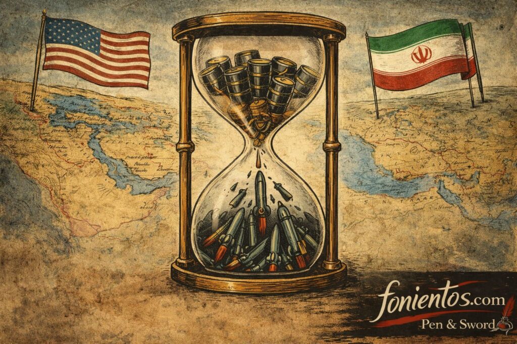 Σκιτσογραφία με κλεψύδρα όπου το πετρέλαιο μετατρέπεται σε βλήματα, συμβολίζοντας την κλιμάκωση της σύγκρουσης ΗΠΑ και Ιράν.