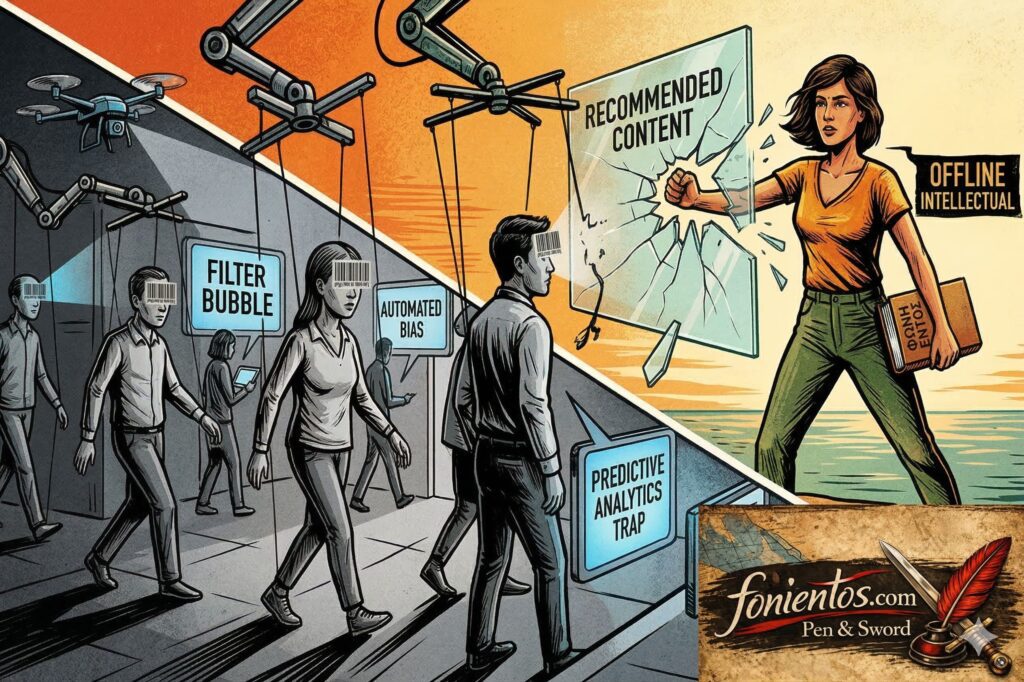 Γυναίκα σπάει οθόνη ελέγχου κρατώντας βιβλίο, δίπλα σε ανθρώπους με barcodes, με το λογότυπο fonientos.