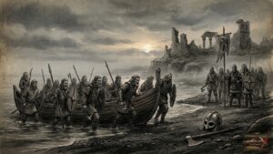 Σκοτεινό τοπίο με Αγγλοσάξονες πολεμιστές να αποβιβάζονται σε βρετανικές ακτές, συμβολίζοντας το κενό ισχύος.