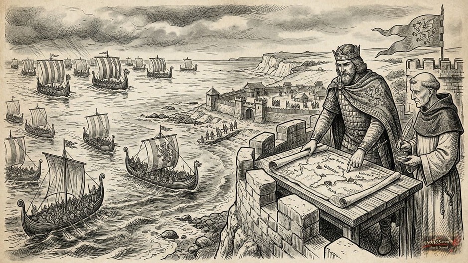 Ο Άλφρεντ ο Μέγας να κοιτάζει τη θάλασσα με πολεμικά πλοία, σχεδιάζοντας την άμυνα ενάντια στους Βίκινγκς.