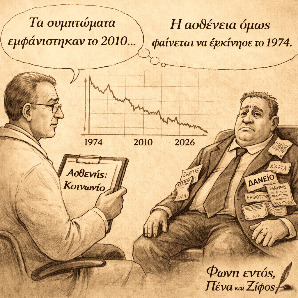 Πολιτικό σκίτσο όπου γιατρός εξετάζει την κοινωνία ως ασθενή και διαπιστώνει ότι τα συμπτώματα εμφανίστηκαν το 2010 αλλά η ασθένεια ξεκίνησε το 1974.