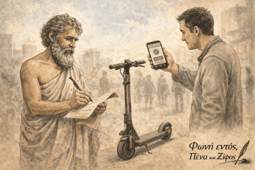 Σκίτσο για το άρθρο «Αρχαίος Φιλόσοφος το 2026: Wi-Fi και Μαντεία» στο fonientos.com.