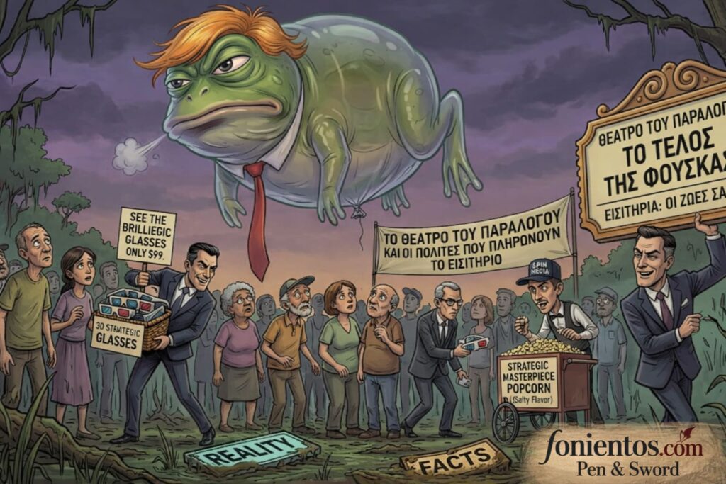 Απλοί πολίτες στη βάση ενός βάλτου κοιτούν προβληματισμένοι ένα γιγάντιο μπαλόνι-βάτραχο στον ουρανό, ενώ κοστουμαρισμένοι τύποι τους μοιράζουν εισιτήρια.