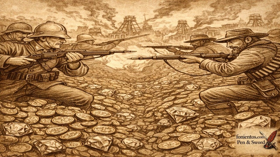 Σκιτσογραφία Πόλεμου των Μπόερς με στρατιώτες να μάχονται πάνω σε χρυσό και διαμάντια