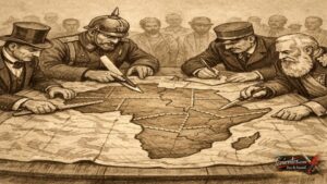 Σκιτσογραφία διαμελισμού της Αφρικής από ευρωπαϊκές δυνάμεις που χαράσσουν σύνορα πάνω σε χάρτη