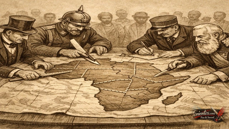 Σκιτσογραφία διαμελισμού της Αφρικής από ευρωπαϊκές δυνάμεις που χαράσσουν σύνορα πάνω σε χάρτη