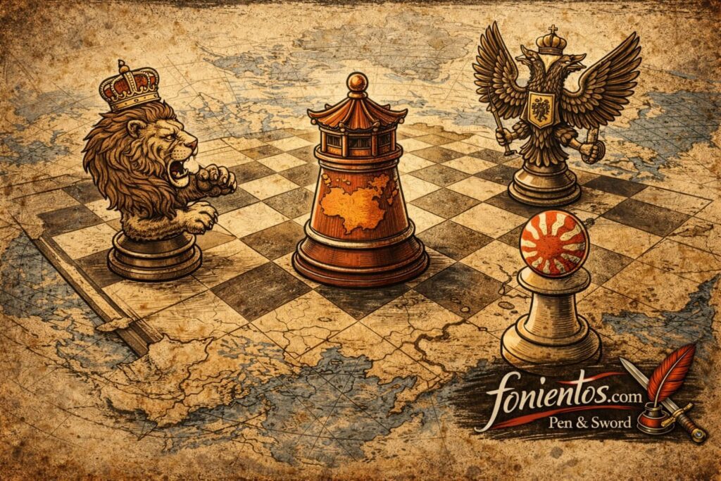 Σκίτσο γεωπολιτικής σκακιέρας στην Ασία κατά την Belle Époque με τις μεγάλες δυνάμεις να ανταγωνίζονται για επιρροή.