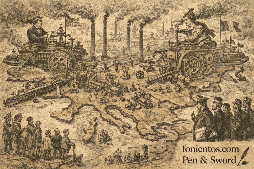 Σκίτσο χάρτη της Ευρώπης στην εποχή της Belle Époque που παρουσιάζει τον οικονομικό ανταγωνισμό των μεγάλων βιομηχανικών δυνάμεων. Σκίτσο γεωοικονομικού ανταγωνισμού των ευρωπαϊκών δυνάμεων για το άρθρο «Belle Époque II – Η Βιομηχανική Έκρηξη της Ευρώπης» στο fonientos.com.