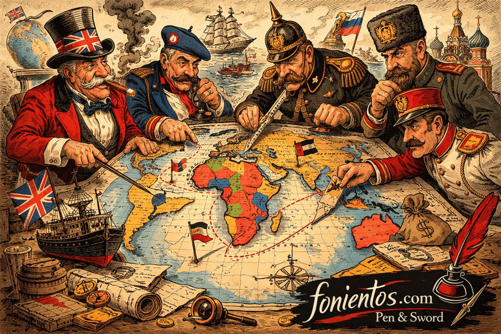Σκίτσο που απεικονίζει τις ευρωπαϊκές αυτοκρατορίες της Belle Époque να μοιράζουν αποικιακές περιοχές πάνω σε έναν παγκόσμιο χάρτη.