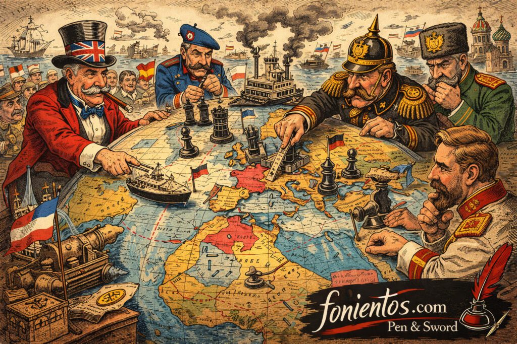 Σκίτσο που παρουσιάζει τις μεγάλες δυνάμεις της Ευρώπης να ανταγωνίζονται πάνω σε μια παγκόσμια σκακιέρα ισχύος στην εποχή της Belle Époque.Σκίτσο γεωπολιτικού ανταγωνισμού των ευρωπαϊκών δυνάμεων για το άρθρο «Belle Époque II – Οι Αυτοκρατορίες και ο Παγκόσμιος Ανταγωνισμός» στο fonientos.com.