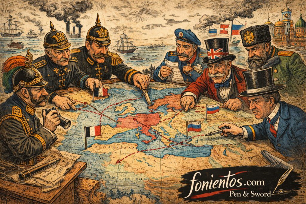 Σκίτσο που παρουσιάζει τις ευρωπαϊκές δυνάμεις να σχηματίζουν στρατιωτικές συμμαχίες πάνω σε έναν χάρτη της Ευρώπης κατά την περίοδο της Belle Époque.