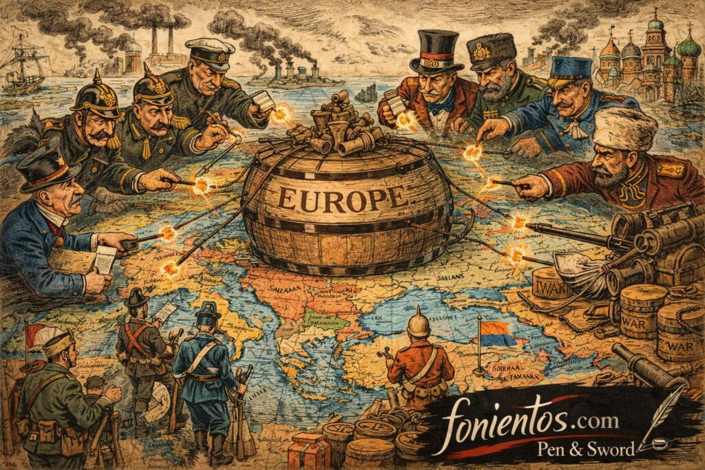 Σκίτσο που παρουσιάζει την Ευρώπη της Belle Époque ως πυριτιδαποθήκη με επίκεντρο τα Βαλκάνια πριν από τον Πρώτο Παγκόσμιο Πόλεμο.