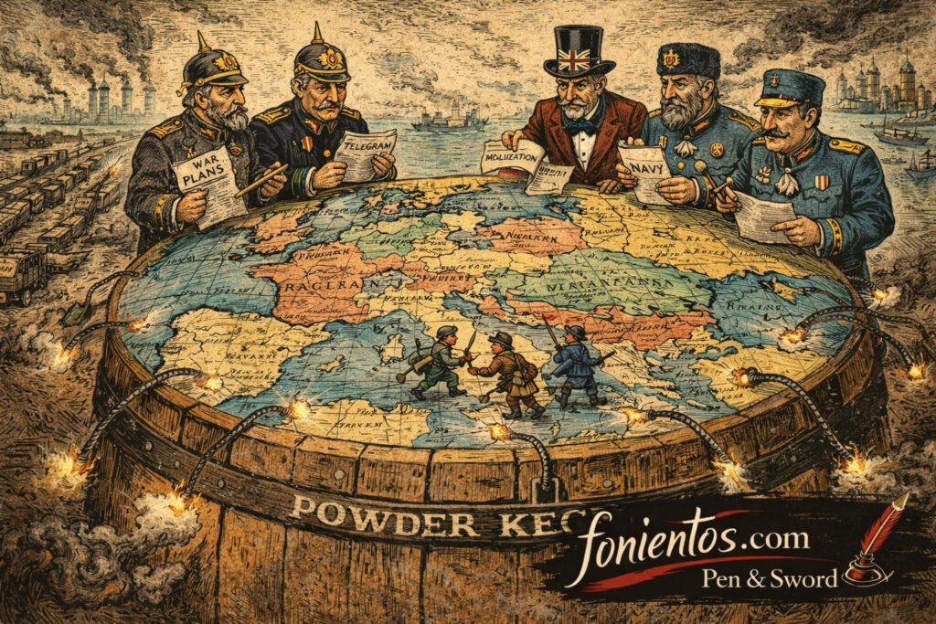 Σατιρικό σκίτσο που παρουσιάζει την Ευρώπη ως πυριτιδαποθήκη κατά την περίοδο της Belle Époque, με τις μεγάλες δυνάμεις να στέκονται πάνω στον χάρτη της ηπείρου ενώ οι εντάσεις στα Βαλκάνια οδηγούν την Ευρώπη προς τον Πρώτο Παγκόσμιο Πόλεμο.