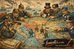 Σατιρικό σκίτσο που παρουσιάζει τις μεγάλες ευρωπαϊκές δυνάμεις γύρω από έναν χάρτη των Βαλκανίων κατά την περίοδο της Belle Époque, συμβολίζοντας τον γεωπολιτικό ανταγωνισμό πριν από τον Πρώτο Παγκόσμιο Πόλεμο.