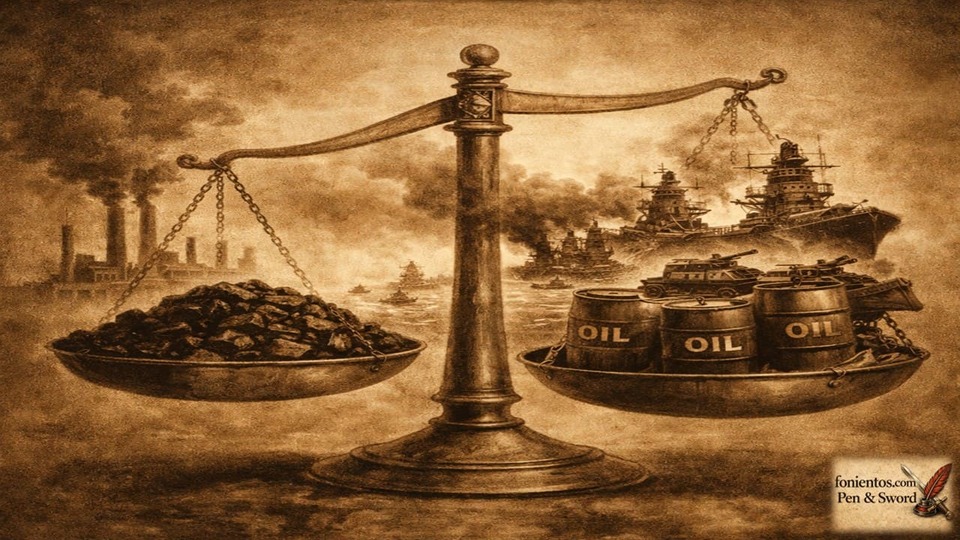 Σκιτσογραφία που δείχνει τη μετάβαση από τον άνθρακα στο πετρέλαιο και τη σύνδεσή του με στρατιωτική ισχύ