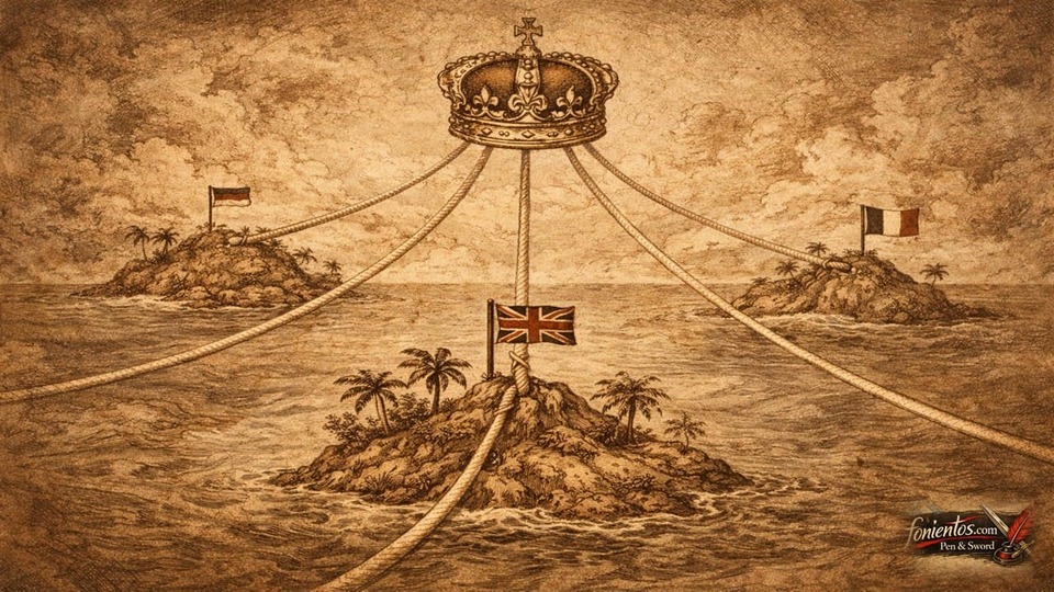 Σκιτσογραφία νησιών της Ωκεανίας συνδεδεμένων με στέμμα που συμβολίζει τον έλεγχο της Βρετανικής Αυτοκρατορίας στον Ειρηνικό