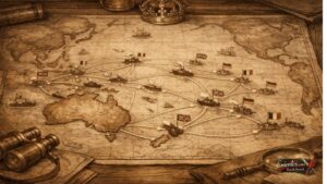 Σκιτσογραφία Ειρηνικού Ωκεανού με ναυτικές διαδρομές και αποικιακό δίκτυο της Βρετανικής Αυτοκρατορίας