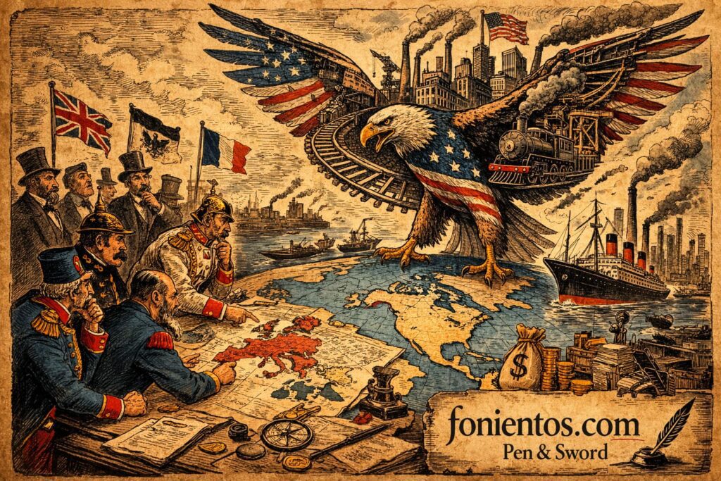 Σατιρική πολιτική σκιτσογραφία που δείχνει την άνοδο των Ηνωμένων Πολιτειών ως νέας παγκόσμιας δύναμης την εποχή της Belle Époque, με βιομηχανική ανάπτυξη, σιδηρόδρομους και την Ευρώπη να παρακολουθεί την αλλαγή ισορροπίας ισχύος.