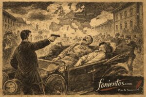 Σατιρικό σκίτσο που απεικονίζει τη δολοφονία του αρχιδούκα Φραγκίσκου Φερδινάνδου στο Σαράγιεβο το 1914, γεγονός που πυροδότησε τον Πρώτο Παγκόσμιο Πόλεμο