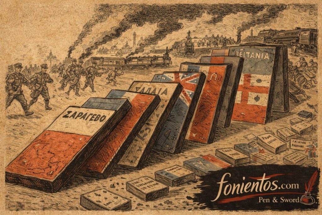 Σατιρικό σκίτσο που παρουσιάζει τις ευρωπαϊκές χώρες να πέφτουν σαν ντόμινο μετά τη δολοφονία στο Σαράγιεβο, συμβολίζοντας την ενεργοποίηση των συμμαχιών που οδήγησε στον Πρώτο Παγκόσμιο Πόλεμο.