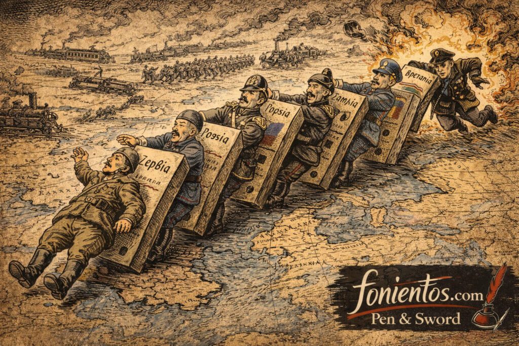 Σατιρική πολιτική σκητσογραφία της Belle Époque που δείχνει την Ευρώπη να πέφτει σαν ντόμινο στον Α΄ Παγκόσμιο Πόλεμο, με τις μεγάλες δυνάμεις να ενεργοποιούν η μία την άλλη μέσω των συμμαχιών του 1914.