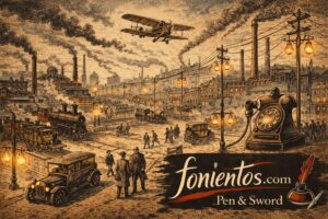 Σατιρική πολιτική σκητσογραφία της Belle Époque που παρουσιάζει την τεχνολογική επανάσταση της εποχής με εργοστάσια, ηλεκτρικό φωτισμό, τηλέφωνο, αυτοκίνητα και αεροπλάνο πάνω από μια ευρωπαϊκή πόλη των αρχών του 20ού αιώνα.