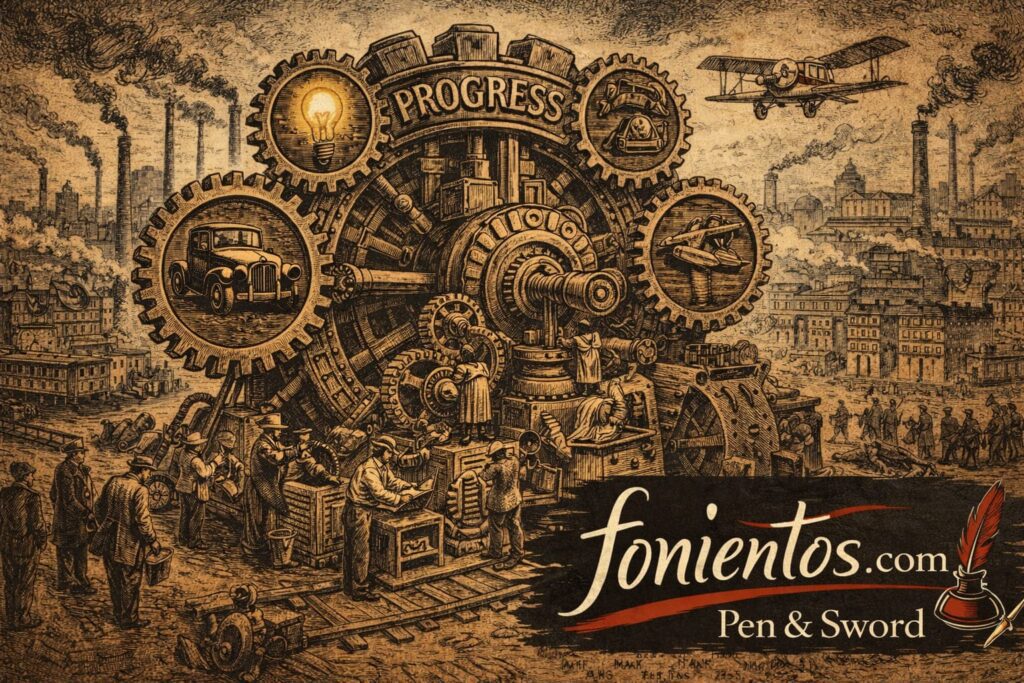 Σατιρική πολιτική σκητσογραφία της Belle Époque που δείχνει μια τεράστια βιομηχανική μηχανή με γρανάζια «PROGRESS», γύρω από την οποία εμφανίζονται ηλεκτρικός λαμπτήρας, τηλέφωνο, αυτοκίνητο και αεροπλάνο, συμβολίζοντας την τεχνολογική επανάσταση των αρχών του 20ού αιώνα.