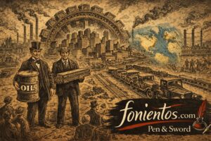 Σατιρική πολιτική σκητσογραφία της Belle Époque που παρουσιάζει τη βιομηχανική άνοδο των Ηνωμένων Πολιτειών με εργοστάσια, σιδηρόδρομους, αυτοκίνητα μαζικής παραγωγής και επιχειρηματίες της εποχής, συμβολίζοντας τη γέννηση της αμερικανικής οικονομικής υπερδύναμης.