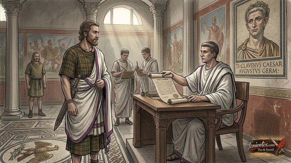 Κέλτης φύλαρχος ντυμένος με ρωμαϊκή τήβεννο σε αρχαία πόλη

Ένα σκίτσο που δείχνει τη συνάντηση ενός Κέλτη ευγενούς (ο οποίος φέρει μείγμα τοπικών και ρωμαϊκών ενδυμάτων) με έναν Ρωμαίο γραφειοκράτη μέσα σε ένα οργανωμένο ρωμαϊκό αστικό κέντρο της Britannia.