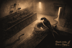 Η χελιδόνα βρίσκει άδεια τη φωλιά της μέσα σε αίθουσα δικαστηρίου. Σκίτσο για το άρθρο «Η Χελιδόνα στο Δικαστήριο» στο fonientos.com.