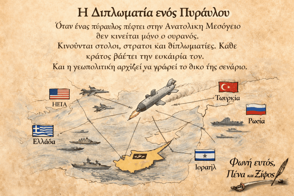 Drone ή πύραυλος εμφανίζεται πάνω από την Κύπρο στην Ανατολική Μεσόγειο.
Η Κύπρος παρουσιάζεται ως γεωπολιτικός κόμβος της περιοχής.
Γύρω της απεικονίζονται στρατιωτικές κινήσεις και δυνάμεις κρατών.
Οι αντιδράσεις συνδέονται με Ελλάδα, Τουρκία, ΗΠΑ, Ισραήλ, Ρωσία και Ε.Ε.
Ένα μόνο στρατιωτικό γεγονός ενεργοποιεί ολόκληρο το γεωπολιτικό σύστημα.