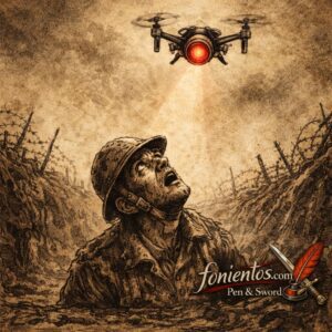 Ένα πεδίο μάχης όπου ένα σύγχρονο drone στοχεύει έναν εξαντλημένο στρατιώτη μέσα σε ένα λασπωμένο χαράκωμα.