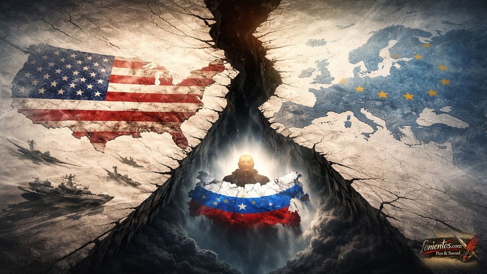 Σκιτσογραφία ραγισμένου χάρτη Δύσης με ΗΠΑ και Ευρώπη να χωρίζονται και τη Ρωσία να αναδύεται ανάμεσα.