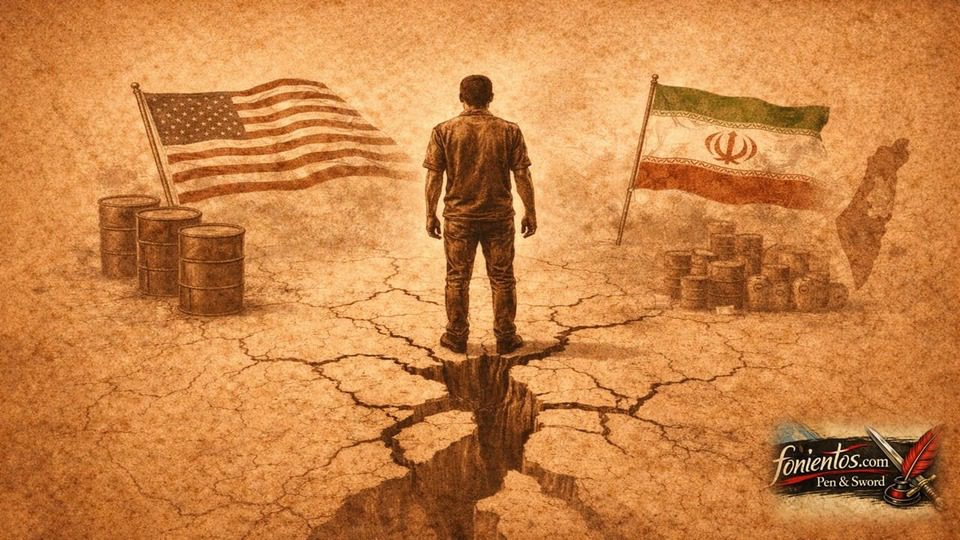 Σκιτσογραφία πολίτη περικυκλωμένου από γεωπολιτικές δυνάμεις με ρωγμή εδάφους που συμβολίζει σύγκρουση